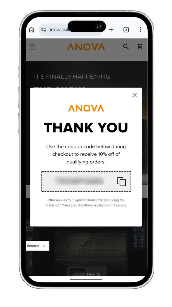 The Anova coupon code for new subscribers to the newsletter. This code is unique, and blurred here as it's a single-use code.