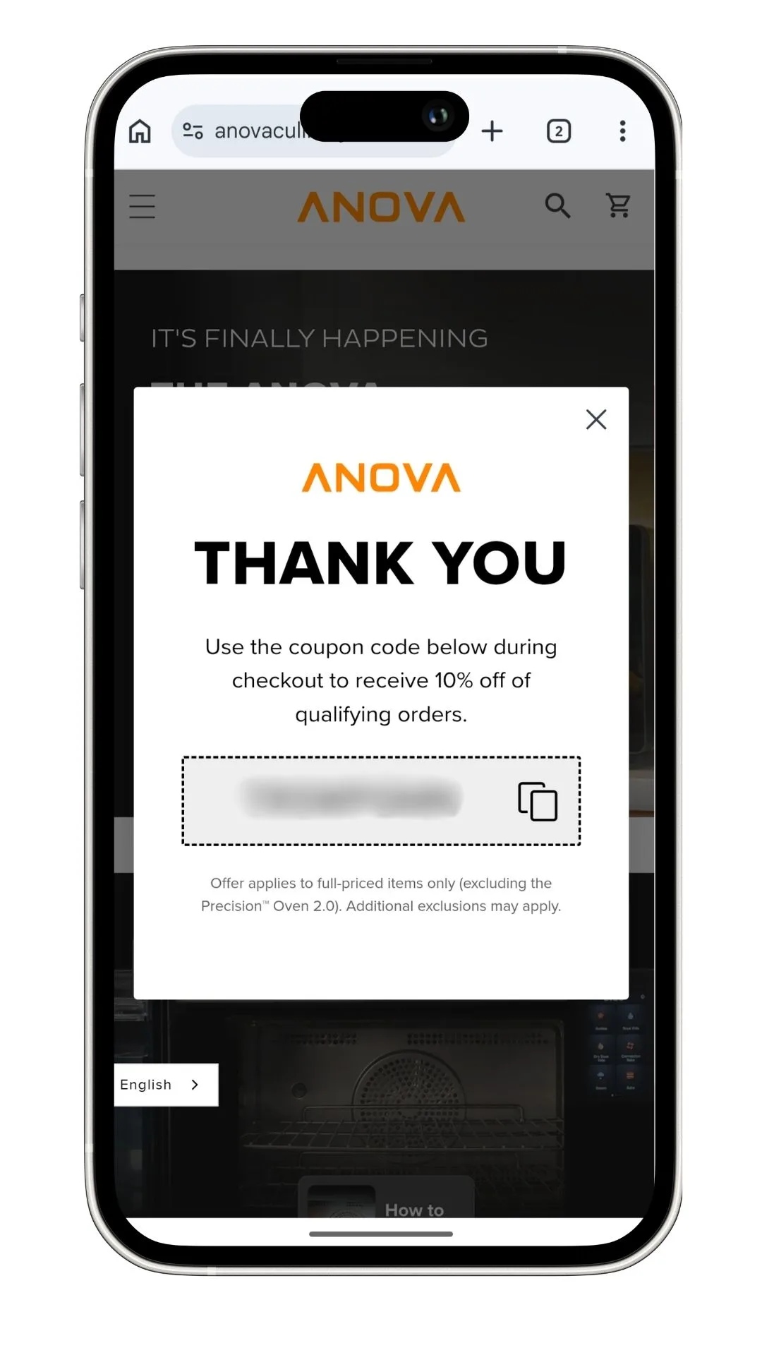 The Anova coupon code for new subscribers to the newsletter. This code is unique, and blurred here as it's a single-use code.