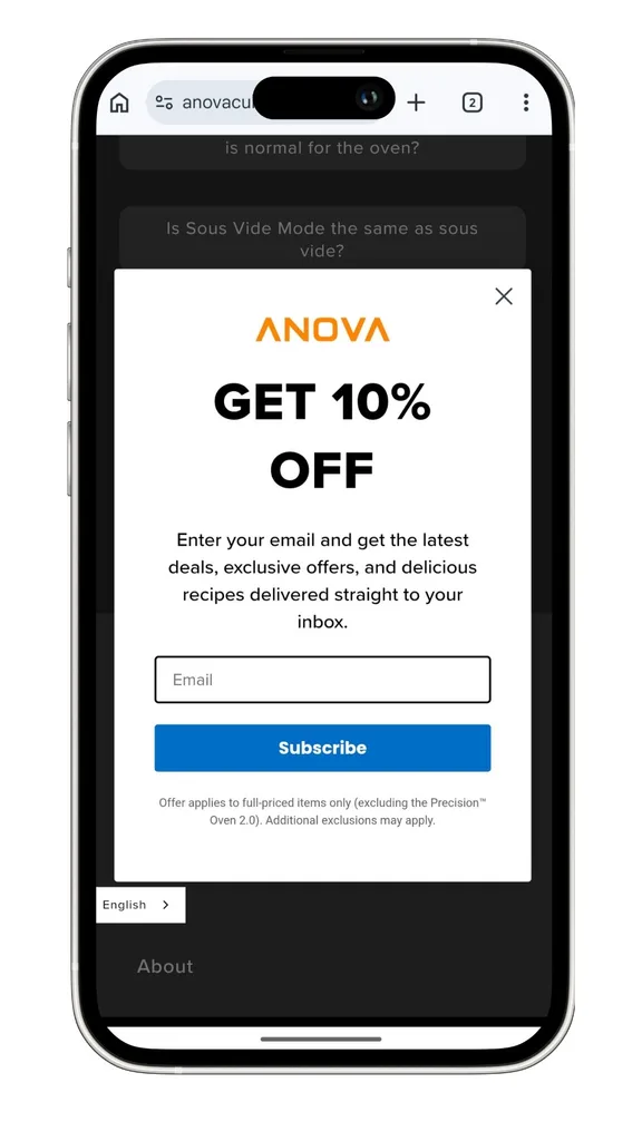 The Anova coupon code offer for new subscribers, which gives you a 10% discount on the Australian site.