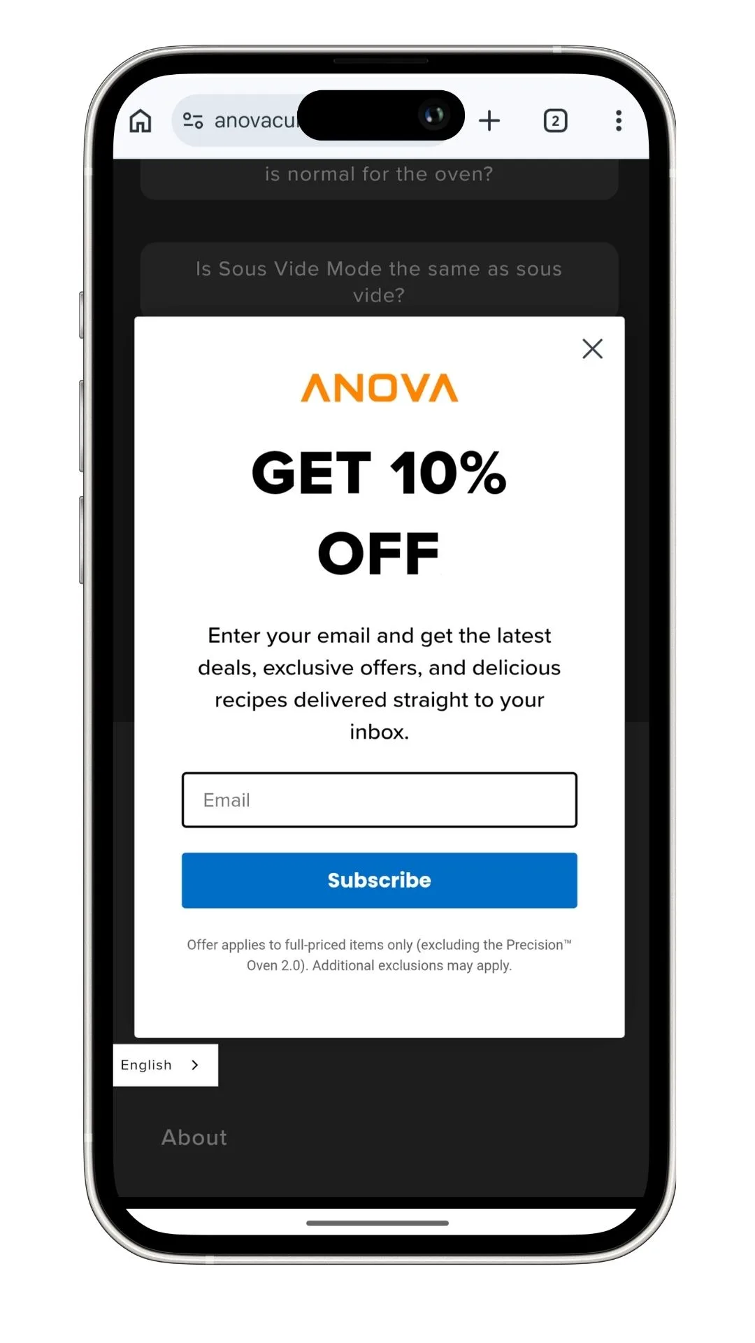 The Anova coupon code offer for new subscribers, which gives you a 10% discount on the Australian site.