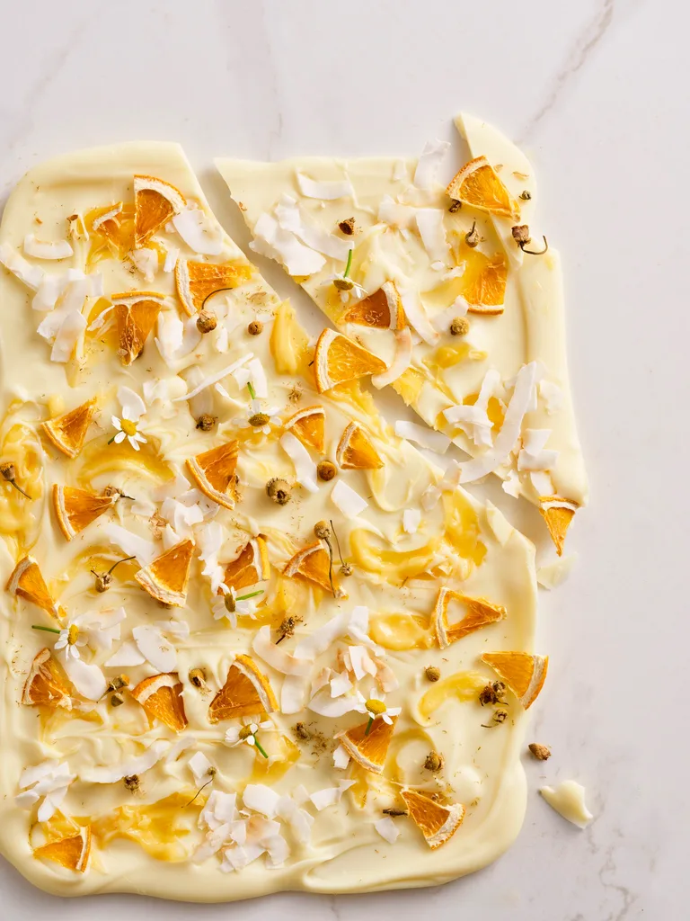 Chamomile and orange blossom curd white chocolate bark