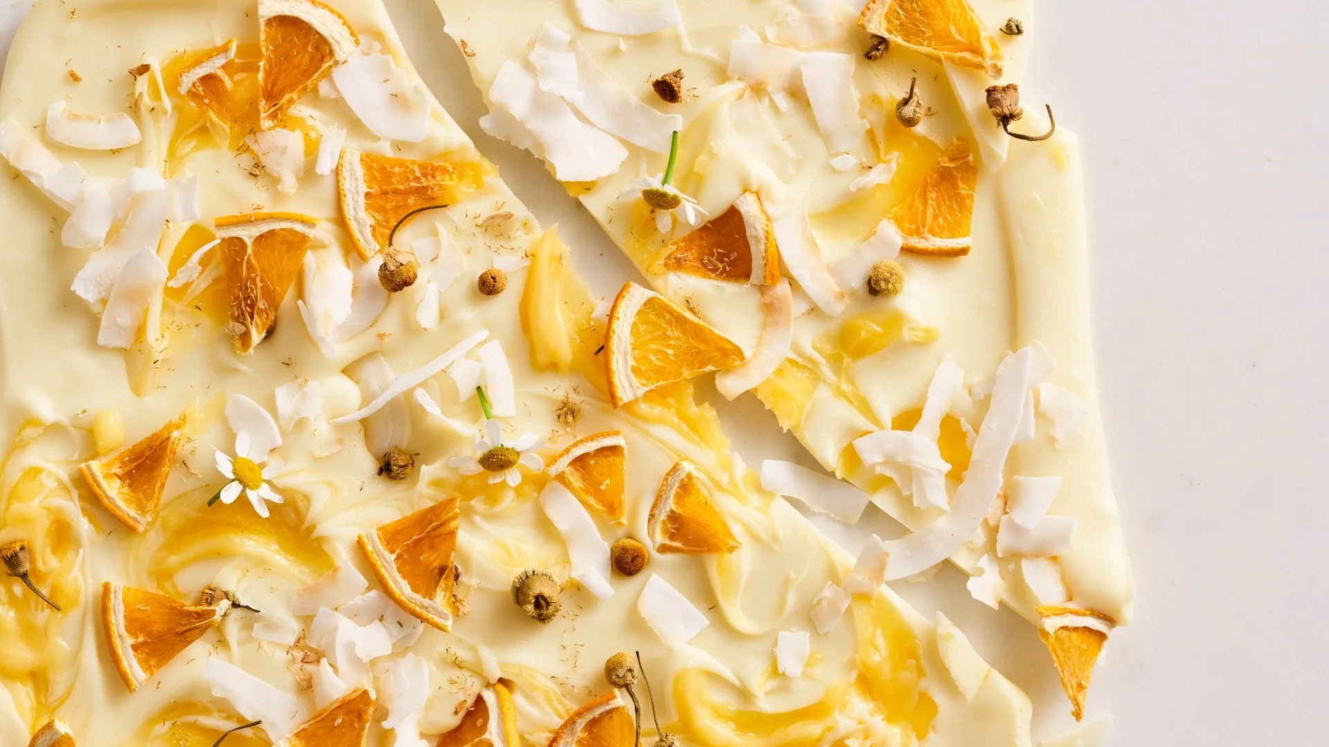 Chamomile orange blossom curd bark dessert