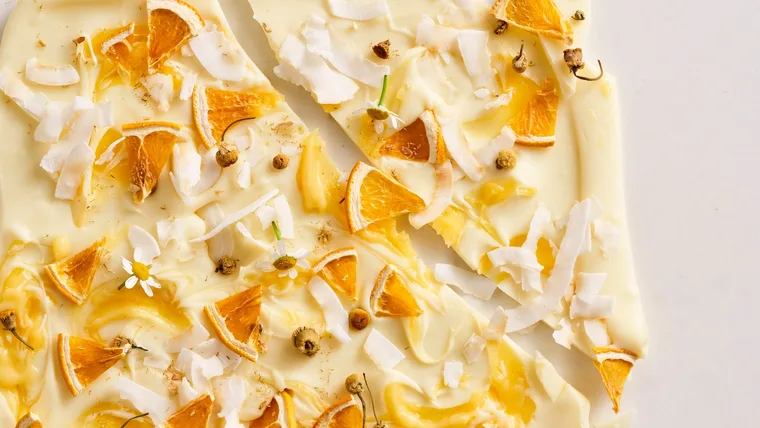 Chamomile orange blossom curd bark dessert