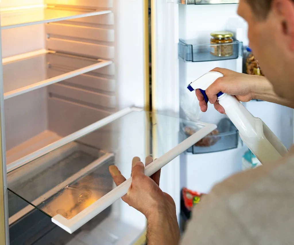 man cleaning fridge shelves with non descript spray