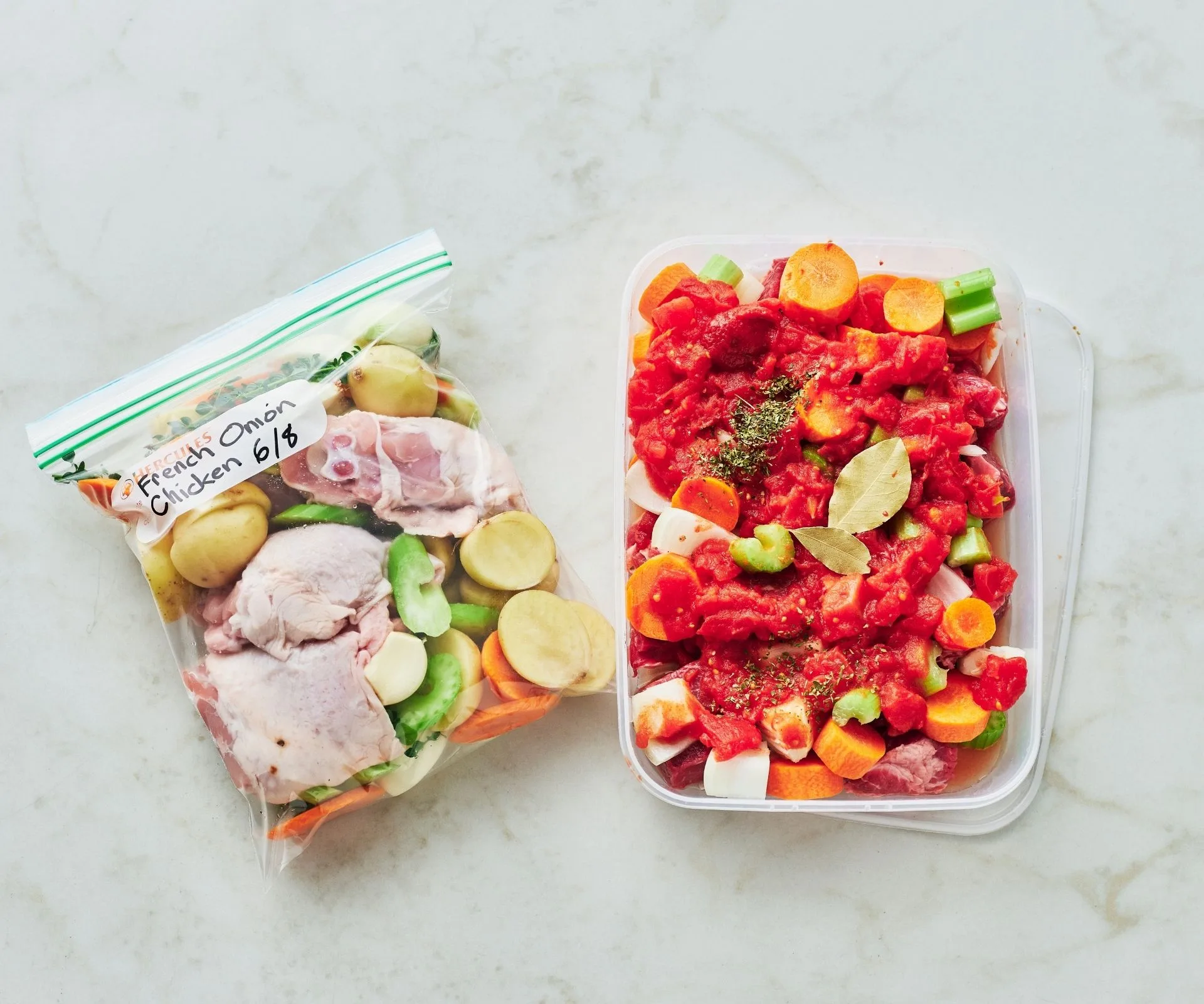 dump bag with chicken in it and container with vegies in it