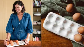 geneva looking down at egg tray on the left and close up of eggs in diy clay egg tray on the right with green material behind