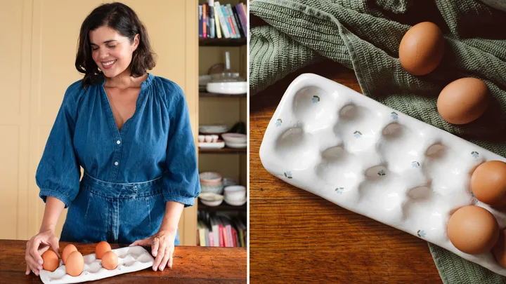 geneva looking down at egg tray on the left and close up of eggs in diy clay egg tray on the right with green material behind