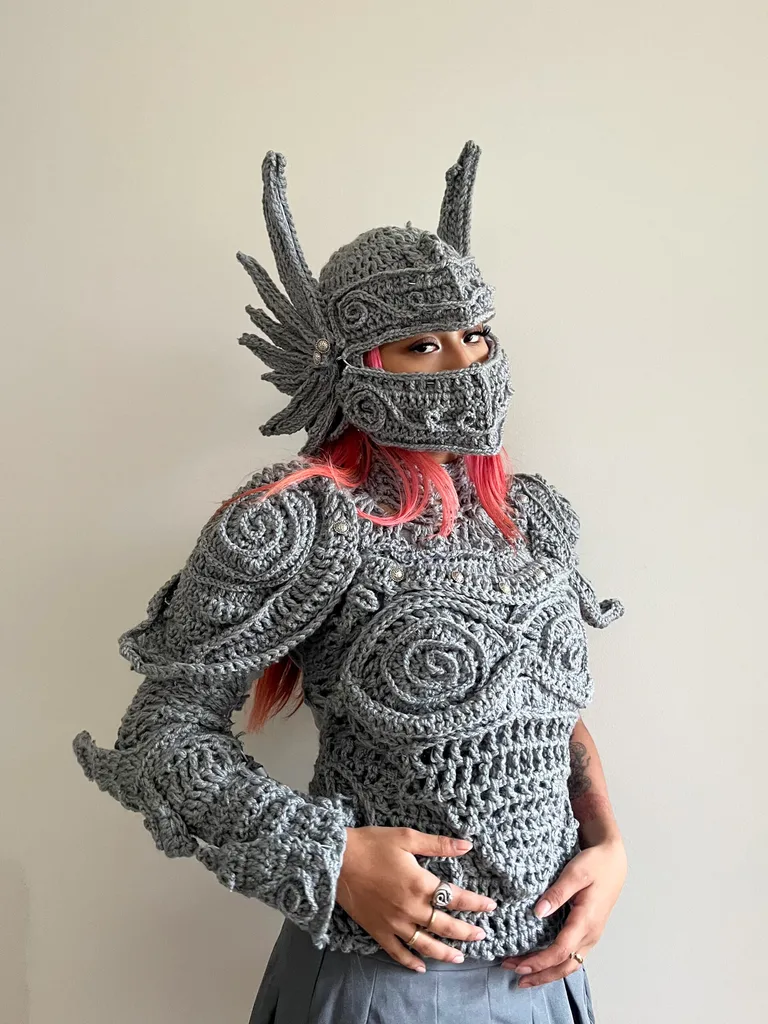 katelyn leonardo with crocheted armour in grey with pink hair showing underneath