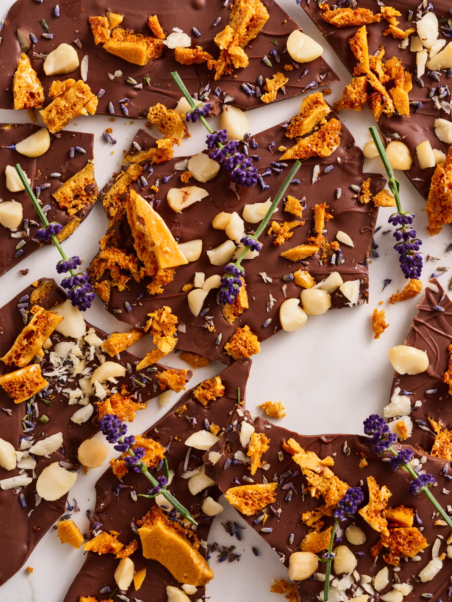 Close-up of lavender honeycomb chocolate bark dessert recipe