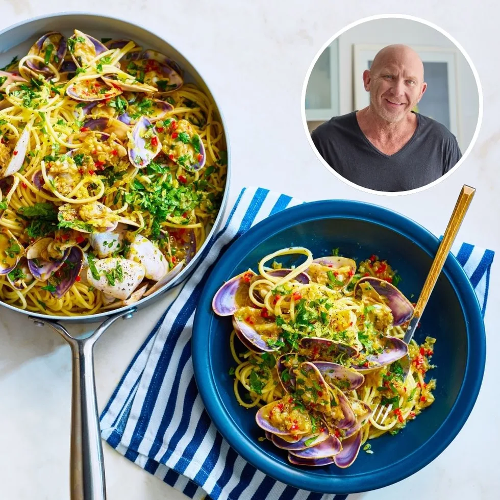 matt moran spaghetti with pipis in blue bowl with fork sticking out and parsley on top and pan of spaghetti on the side. circle pic of matt moran in the corner