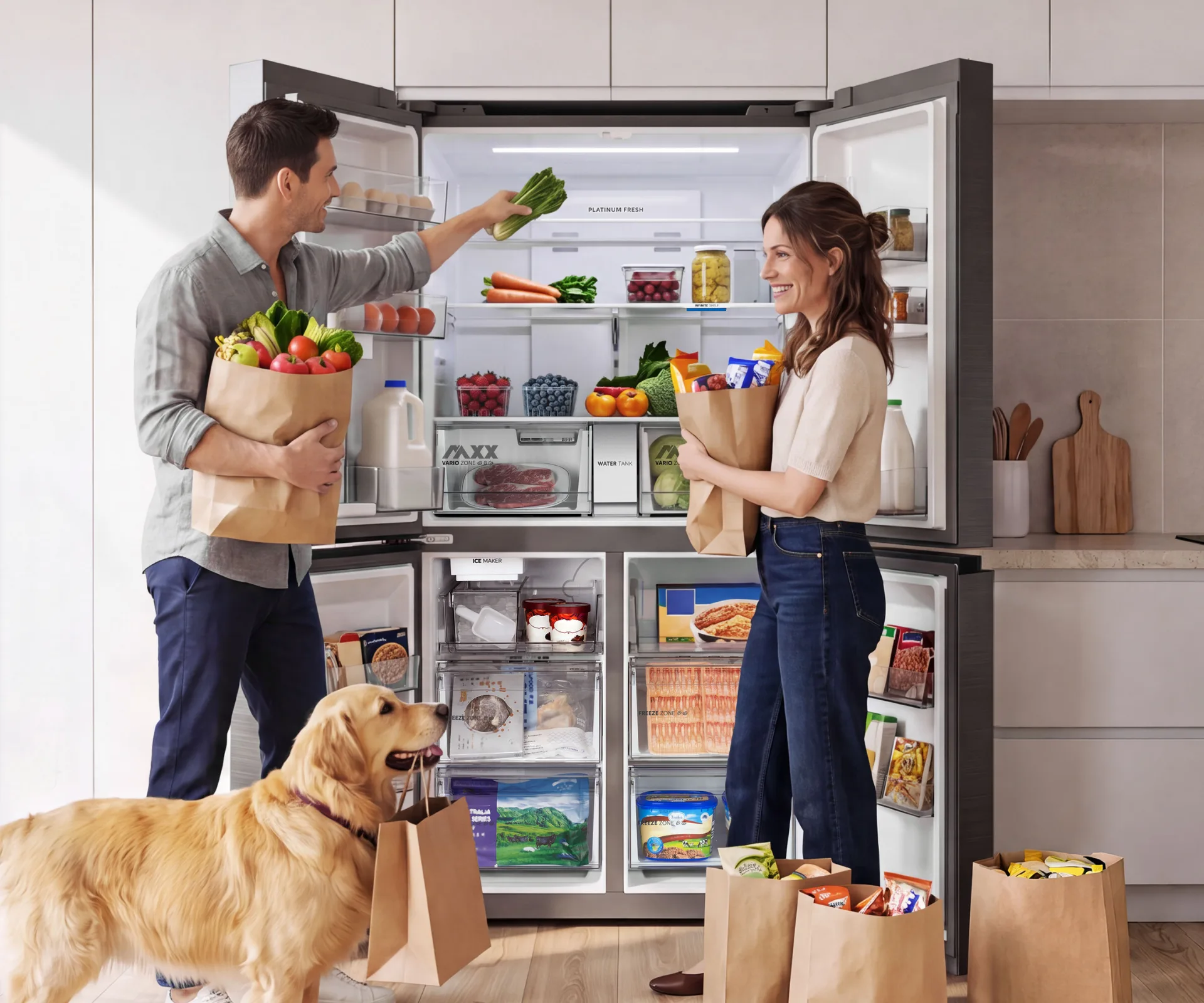 a man and a woman standing in front of an open fridge filled with fruits vegetables and a golden retriever holding a grocery bag
