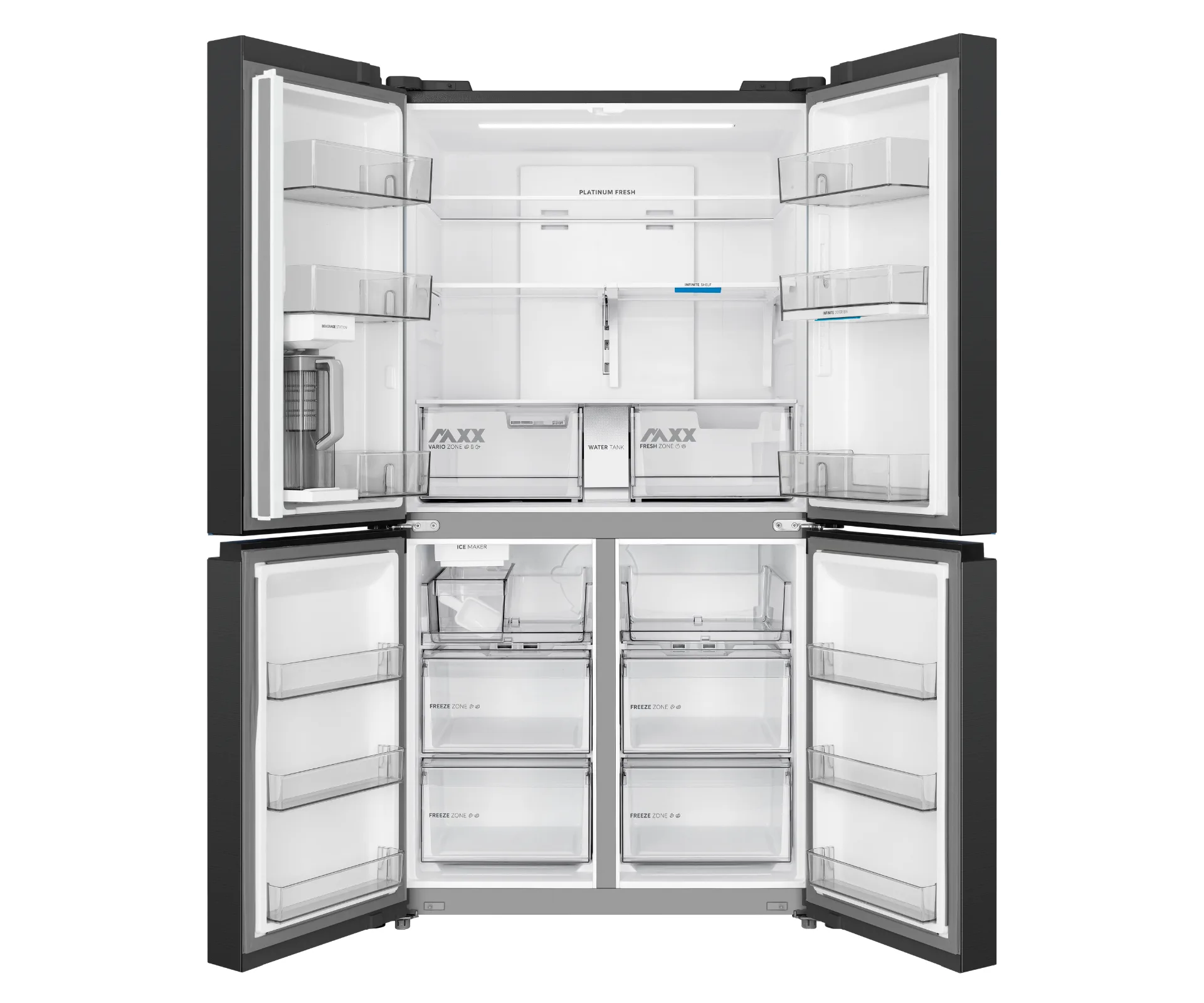 product shot of open fridge with empty doors in fridge and freezer