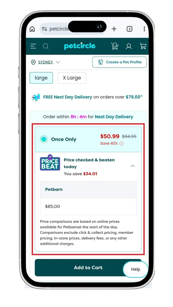 Pet Circle discount code guide: a screenshot of a Price Beat price and details of the competitor.