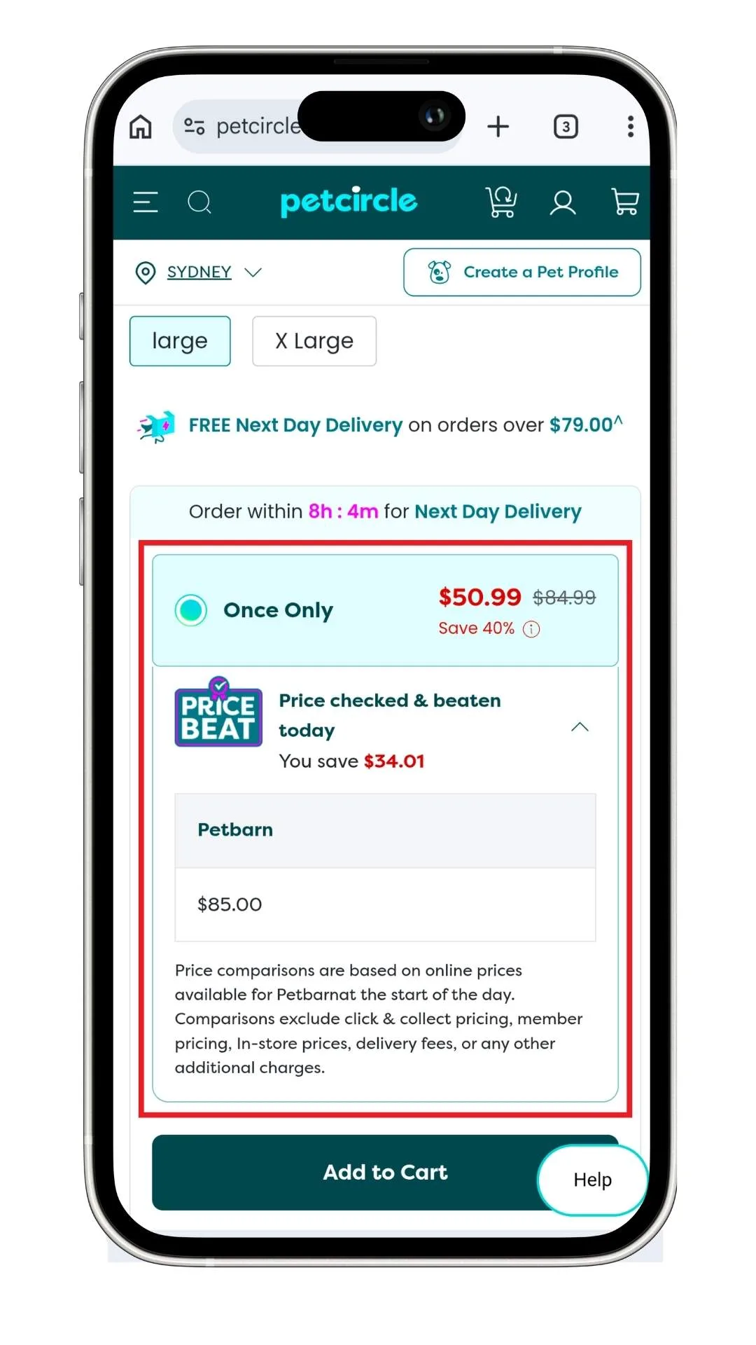Pet Circle discount code guide: a screenshot of a Price Beat price and details of the competitor.