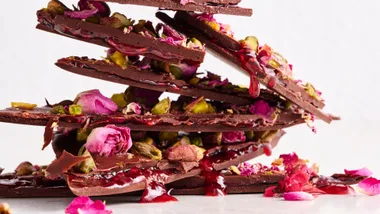Rose and strawberry layer dark choc bark dessert