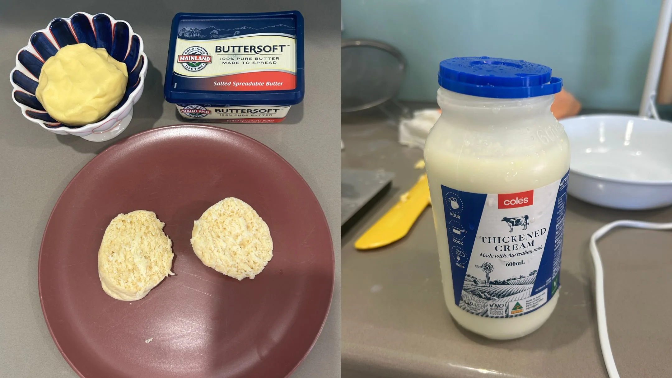 Testing my homemade butter against Buttersoft on a scone. 