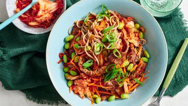 Sesame beef, edamame and kimchi noodles for one