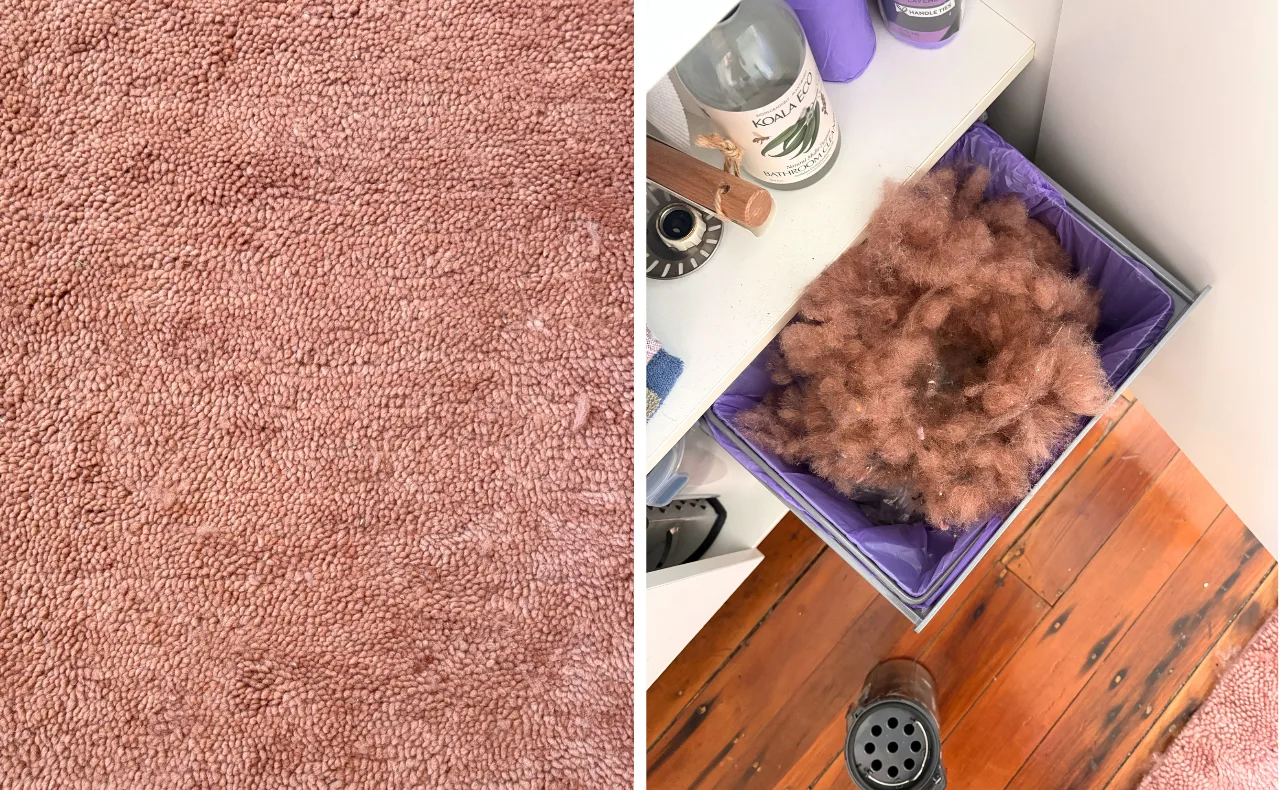 Two images; on the left, vacuuming up the fluff from the Double Otago Washable Wool Rug, and on the right, my dustbin after vacuuming