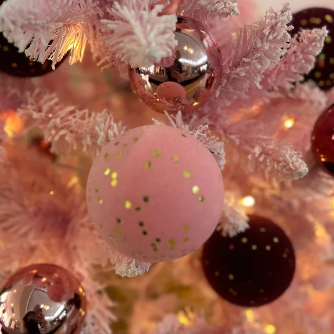 flocked pink and fig baubles
