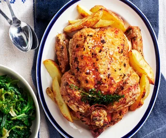 Try Matt Moran’s roasted lemon chicken with potato wedges and wilted endive