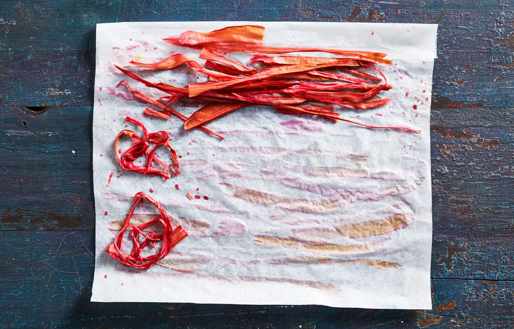 candied rhubarb on baking sheet