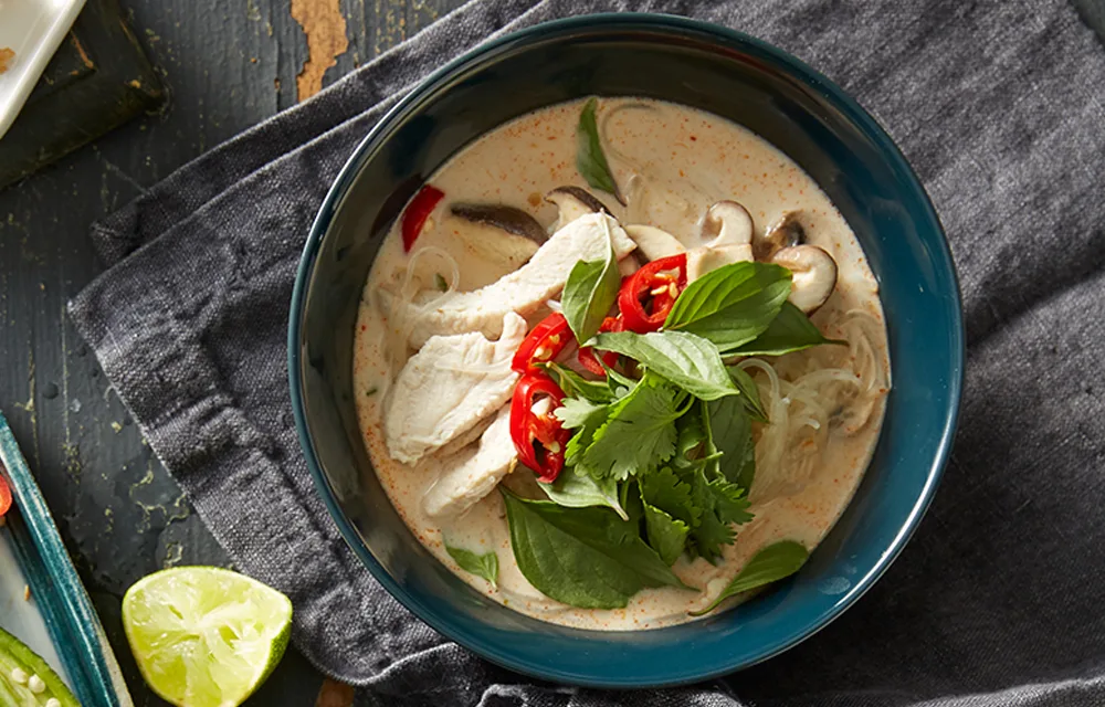 Thai chicken, coconut and noodle soup (tom kha gai)