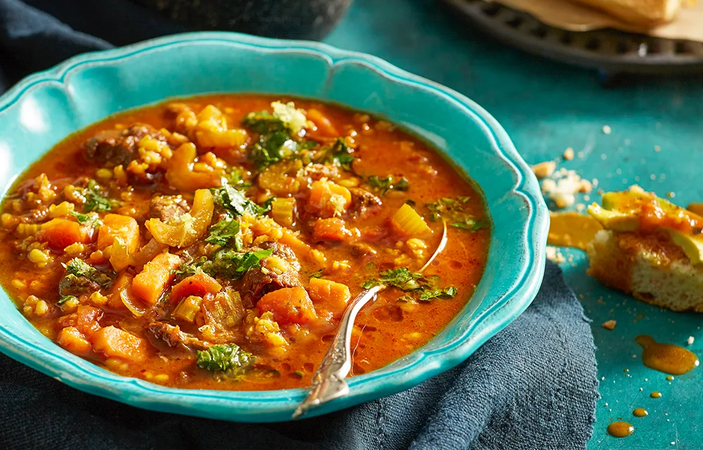 Spiced beef and sweet potato soup with celery gremolata