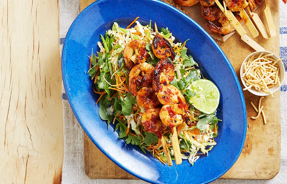 Sweet-and-sour prawn skewers with Asian coleslaw Recipe | Better Homes & Gardens Australia