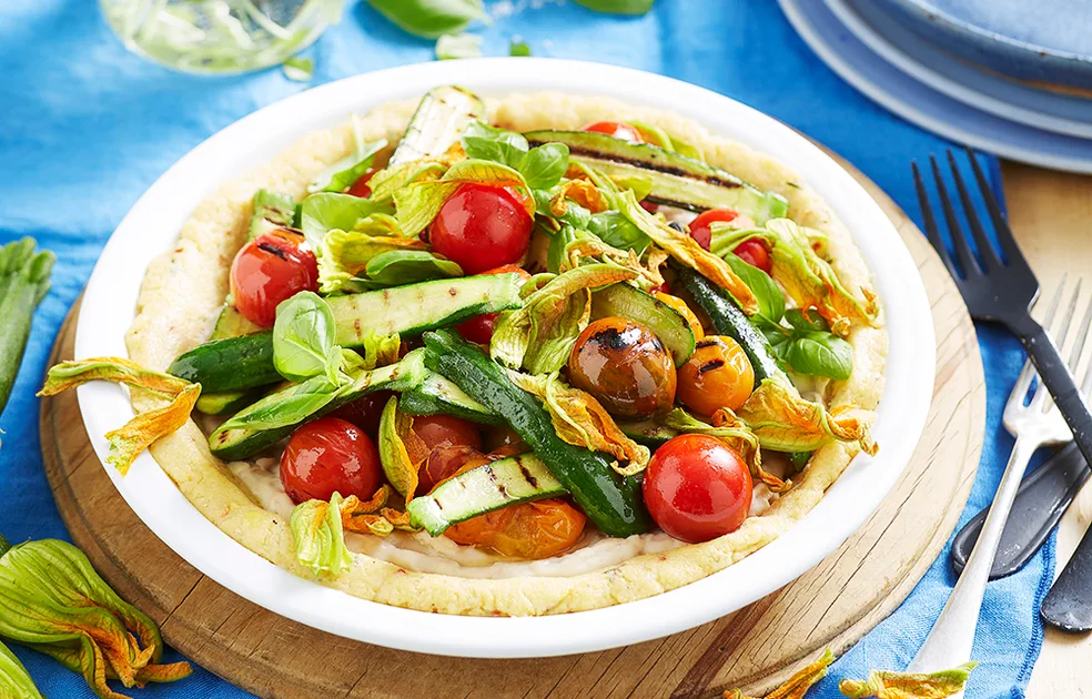 Cheesy polenta tart with beans and firegrilled vegetables Recipe | Better Homes & Gardens Australia