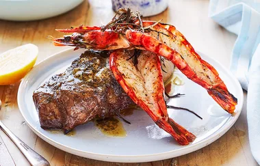 Porterhouse with prawns and seaweed butter