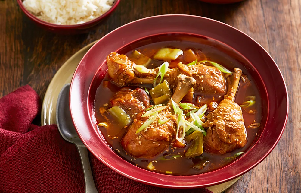teriyaki chicken close up in red bowl with thinly sliced shallots on top