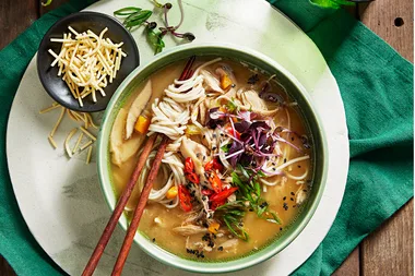 Chicken, miso and soba noodle soup