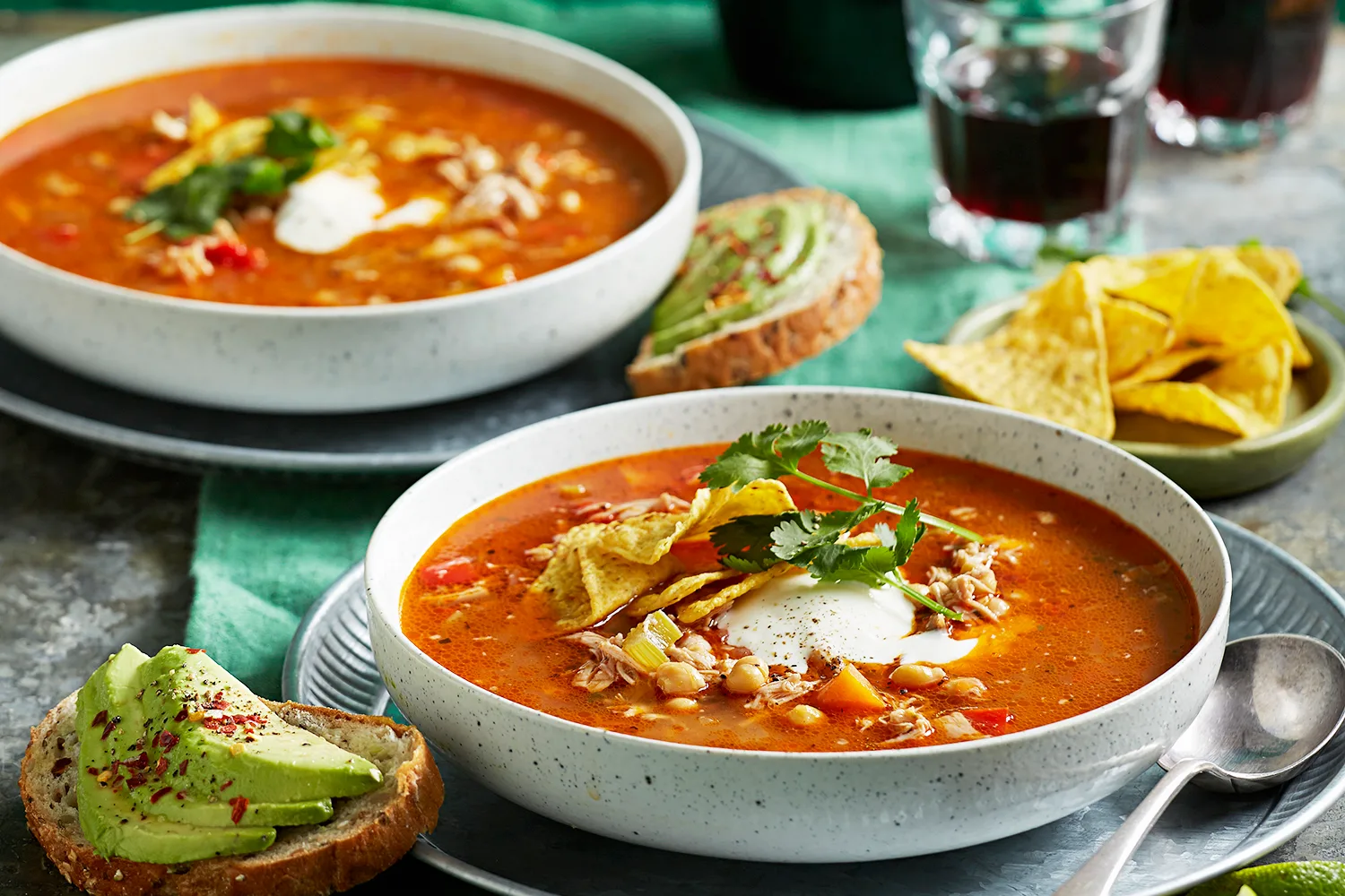 Smoky chicken, chickpea, tomato and chorizo soup