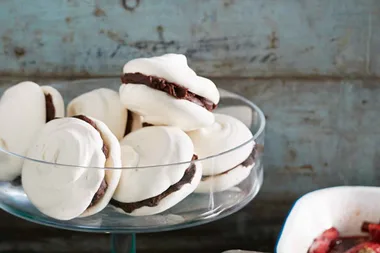 Brown sugar meringues with peanut butter ganache and baked rhubarb