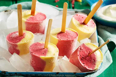 Banana, raspberry and mango frozen yoghurt pops