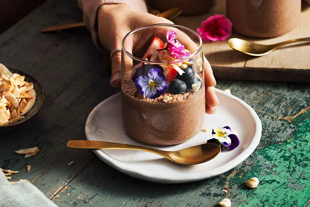 chia pudding with chocolate hazelnut flavouring in a glass with edible flowers on top