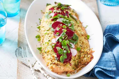 Herb-crusted orange marmalade salmon with beetroot salad