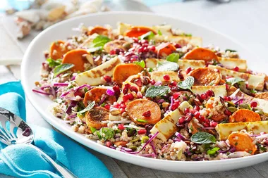 Quinoa, lentil and sweet potato salad with pan-fried haloumi
