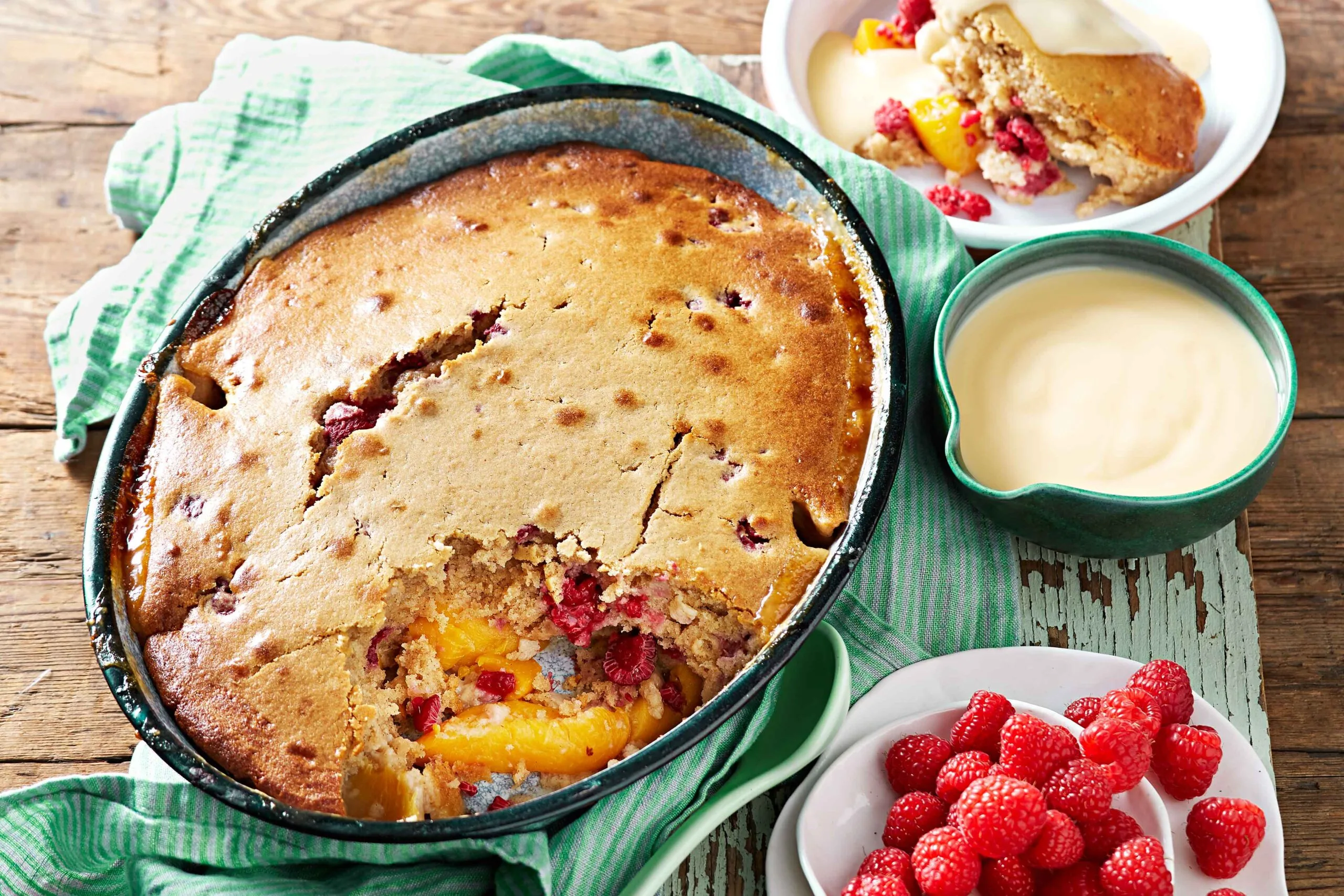 Peach and raspberry pudding
