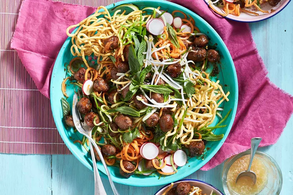 Sticky beef meatball and crispy noodle salad Recipe - Better Homes & Gardens Australia