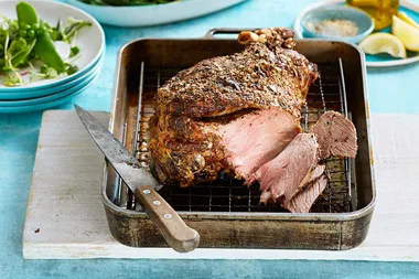 Onion-spiked lamb leg with spring pea salad
