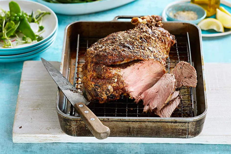 Onion-spiked lamb leg with spring pea salad Recipe - Better Homes & Gardens Australia