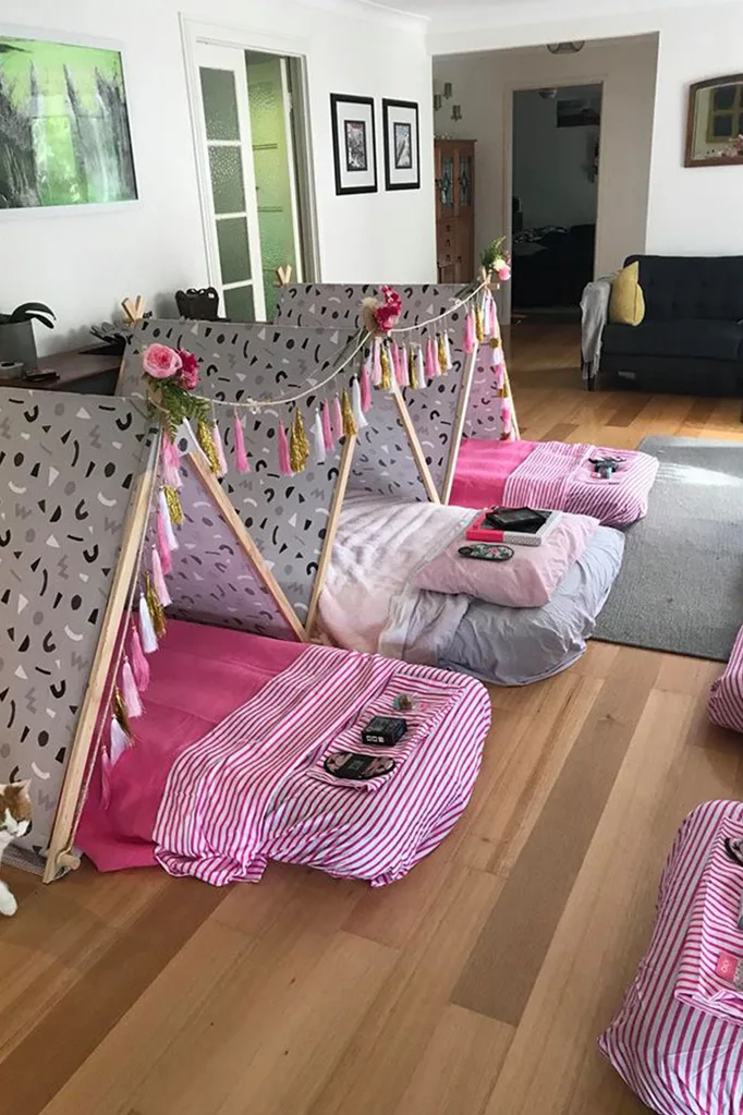 Slumber party set-up with six tents