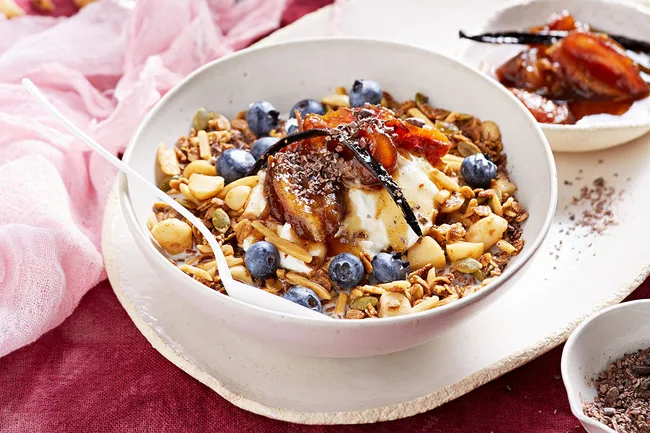 coffee granola with blueberries on top