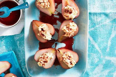 Pears in red wine with amaretti mascarpone