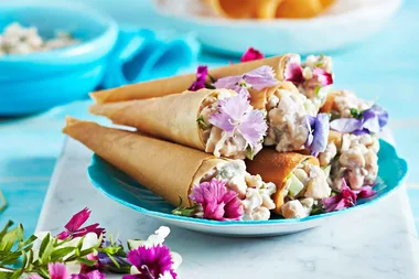 Crisp wafer cones with chicken and walnut salad