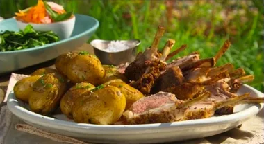 Hay-smoked lamb rack with baby potatoes and simple pickled carrots