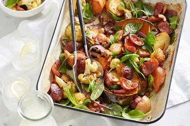 roast vegetable salad with chorizo as a salad idea for dinner