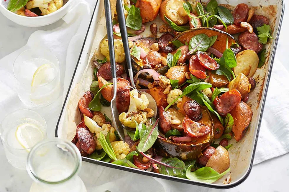 roast vegetable salad with chorizo as a salad idea for dinner