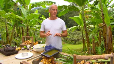 Kiwi fruit salad with tumeric lemongrass ginger jelly and Anzac crumble